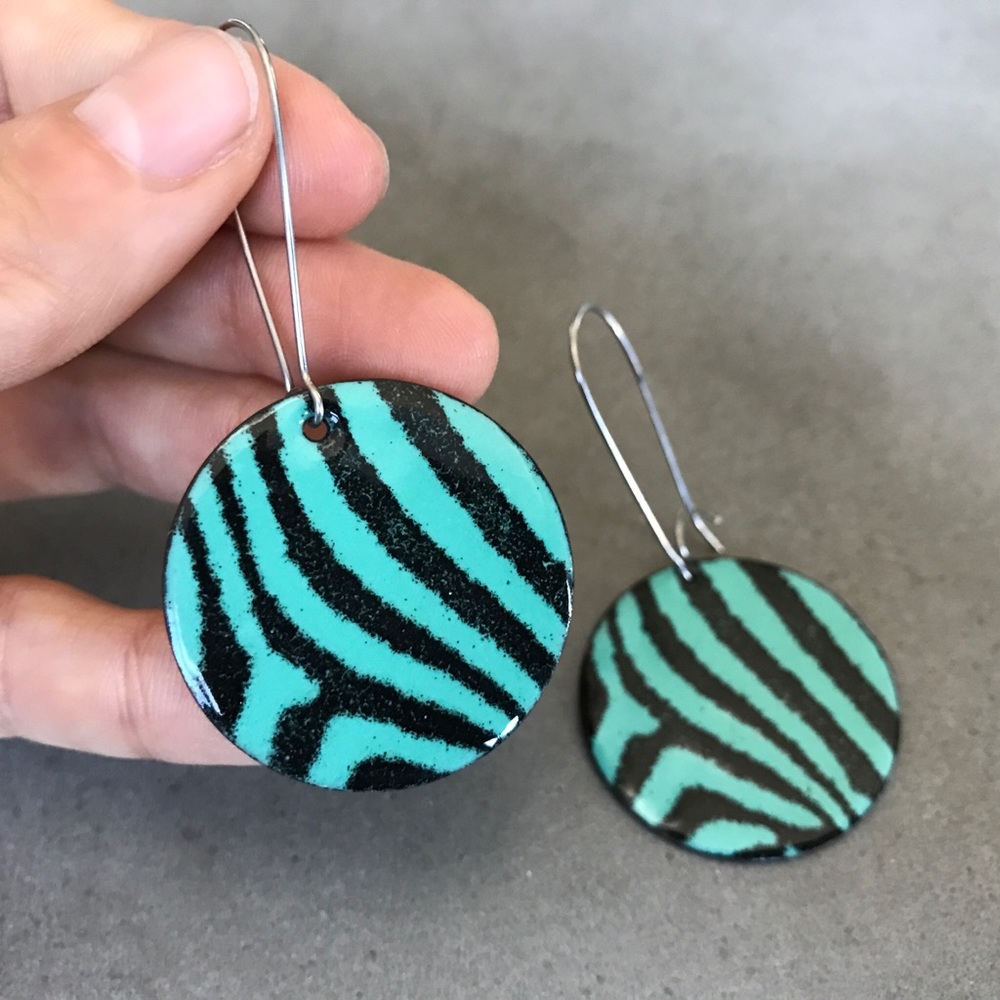 Chic, Unique Turquoise Zebra Print Enamel Earrings